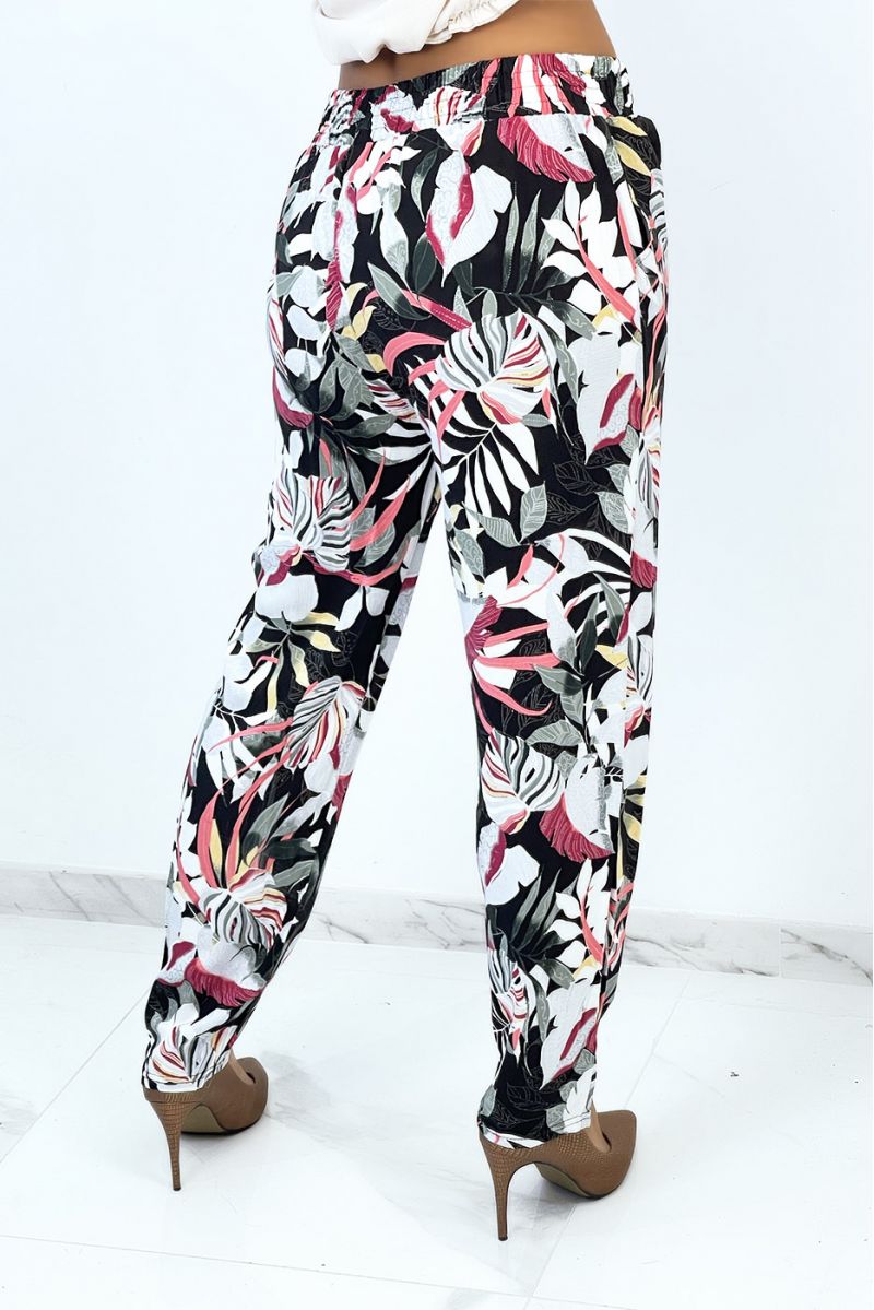 Flowing fuchsia straight-cut trousers with foliage print - 4