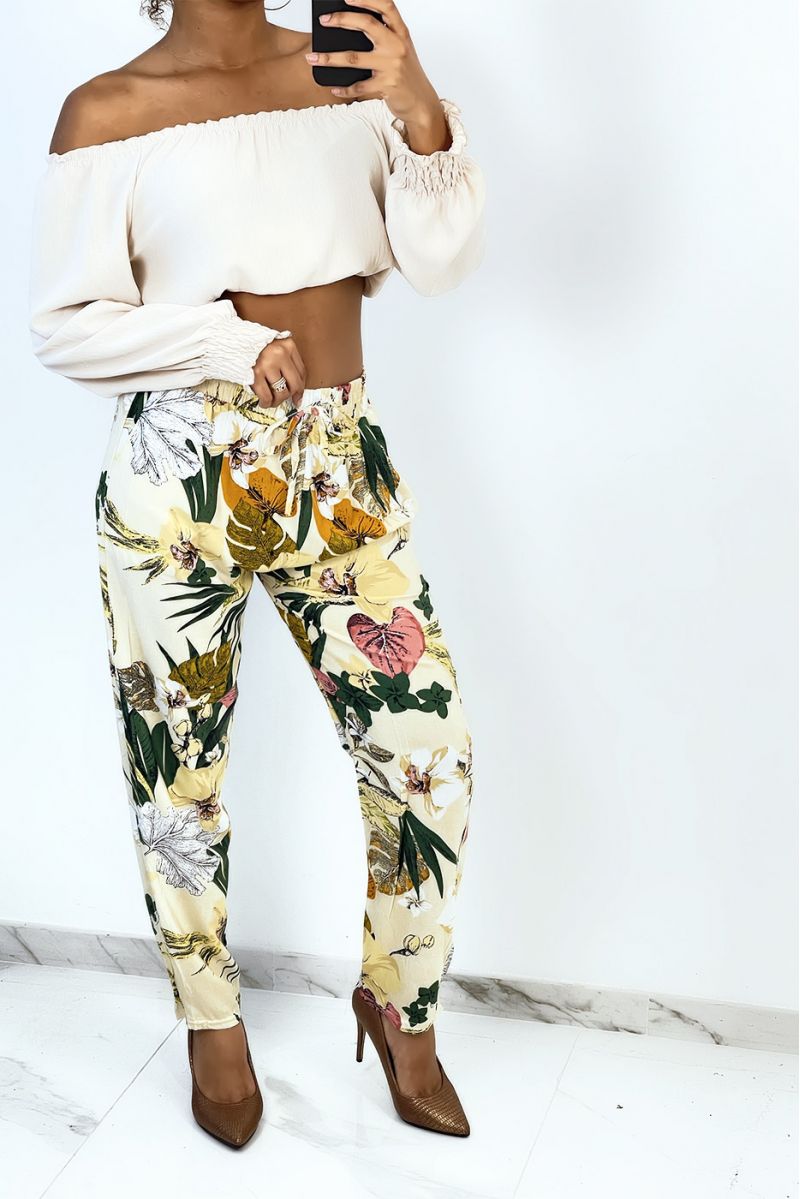 Fluid beige straight-cut pants with large tropical print - 2