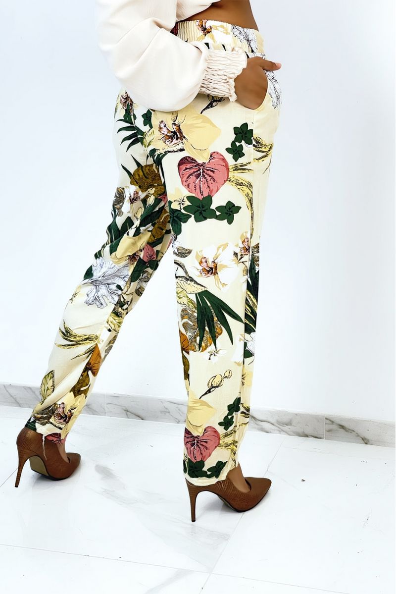 Soepelvallende beige rechte broek met grote tropische print - 4