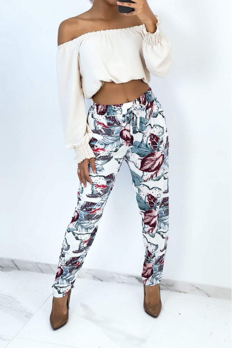 Flowing straight-cut blue pants with large tropical print - 1
