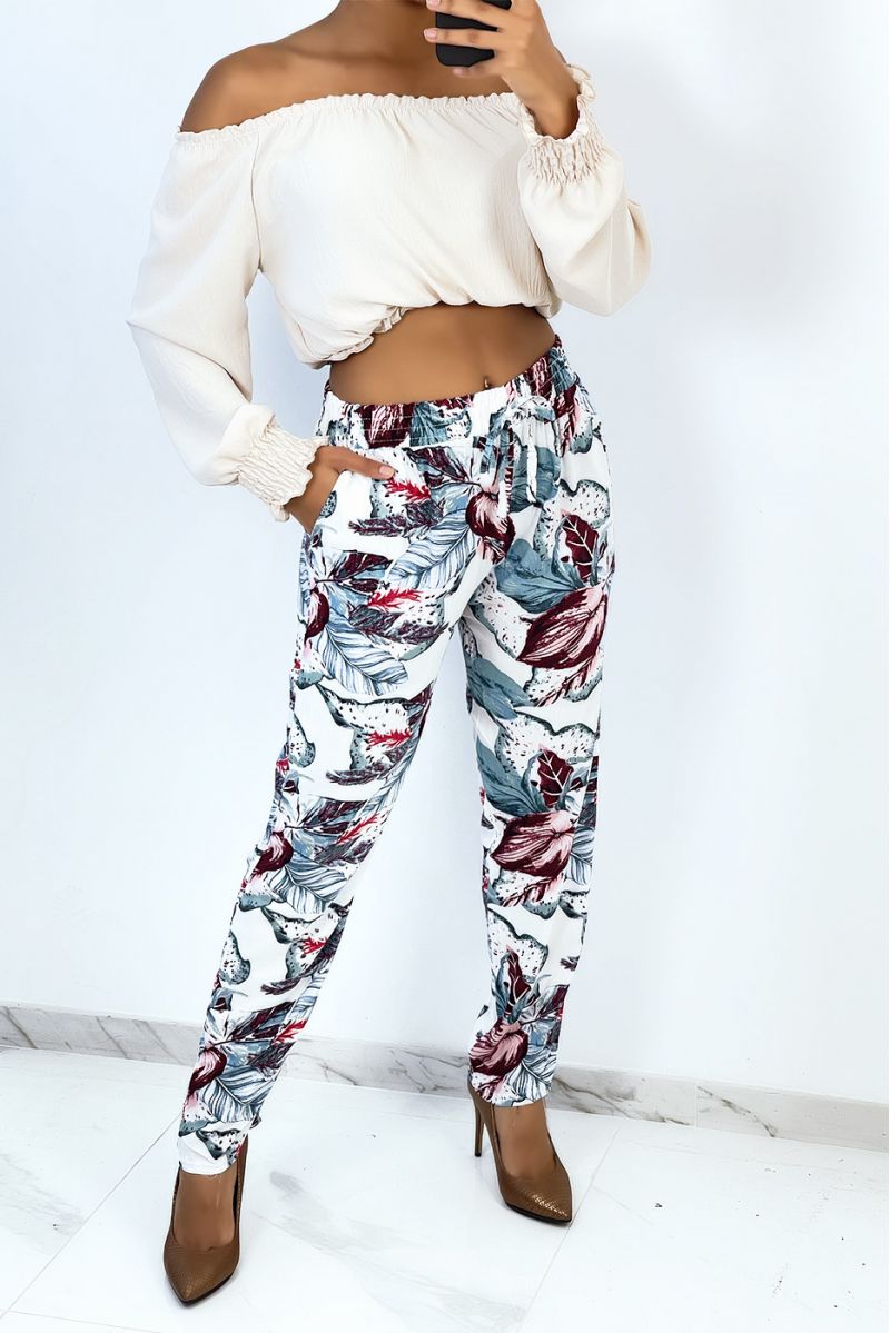 Flowing straight-cut blue pants with large tropical print - 2