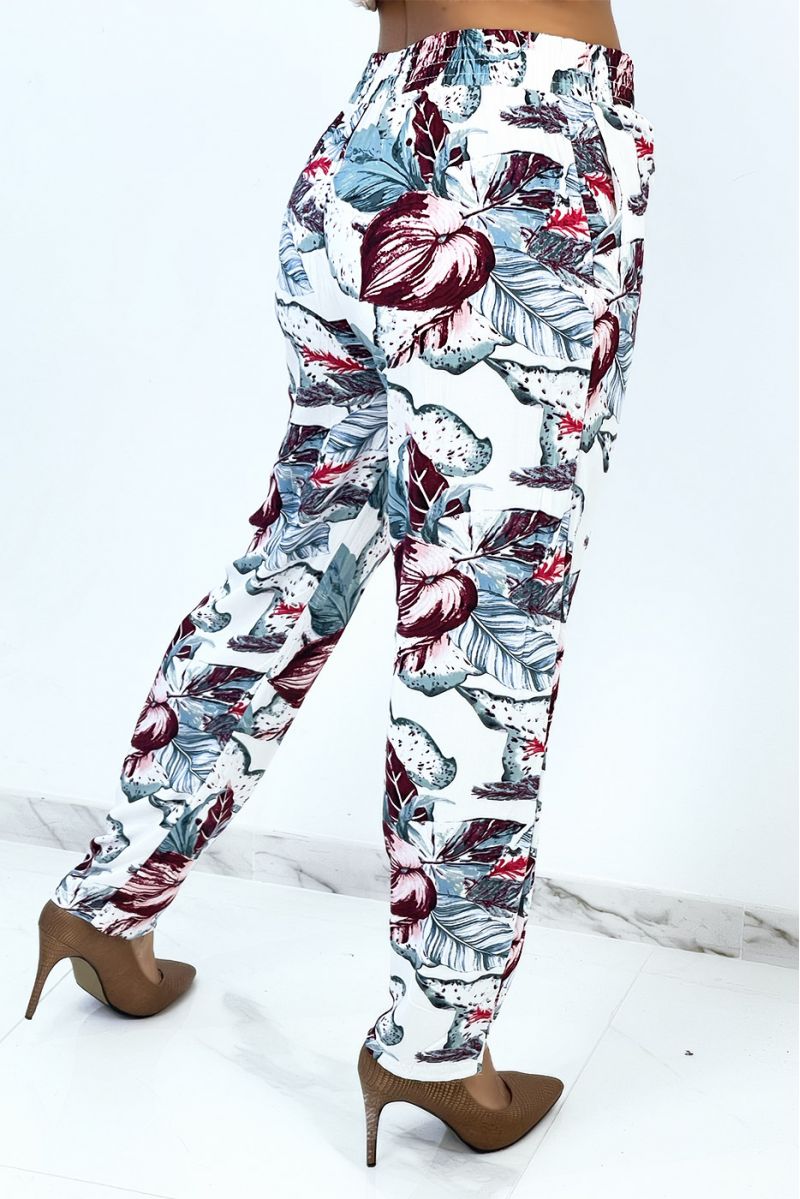 Flowing straight-cut blue pants with large tropical print - 3