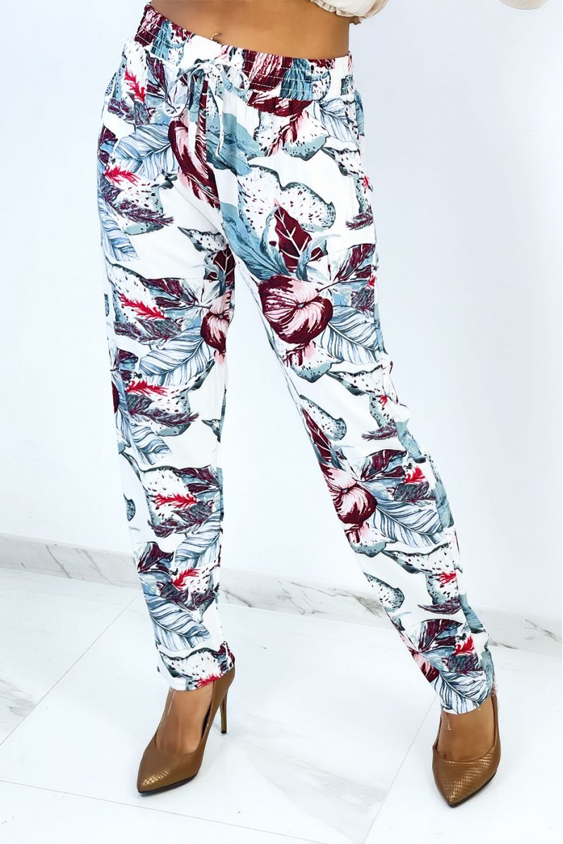 Flowing straight-cut blue pants with large tropical print - 4