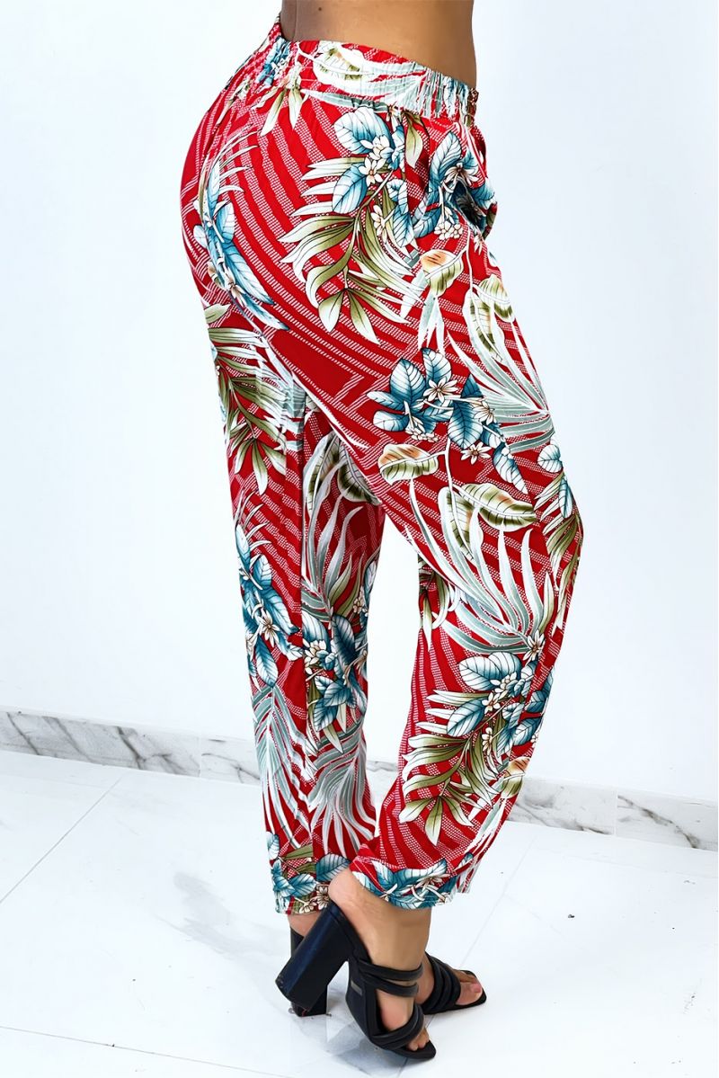 Rode soepelvallende broek met stippenstrepen en bloemenprint - 3