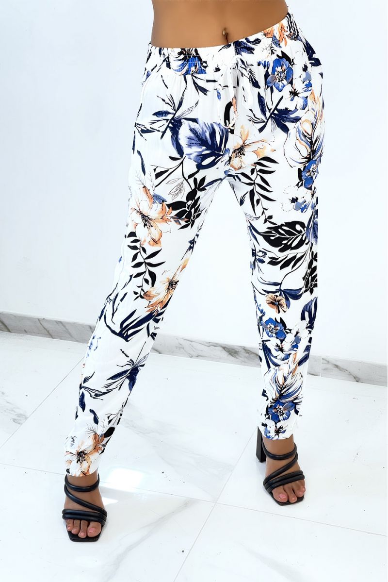 White fluid cigarette trousers with magnificent colorful flowers - 1