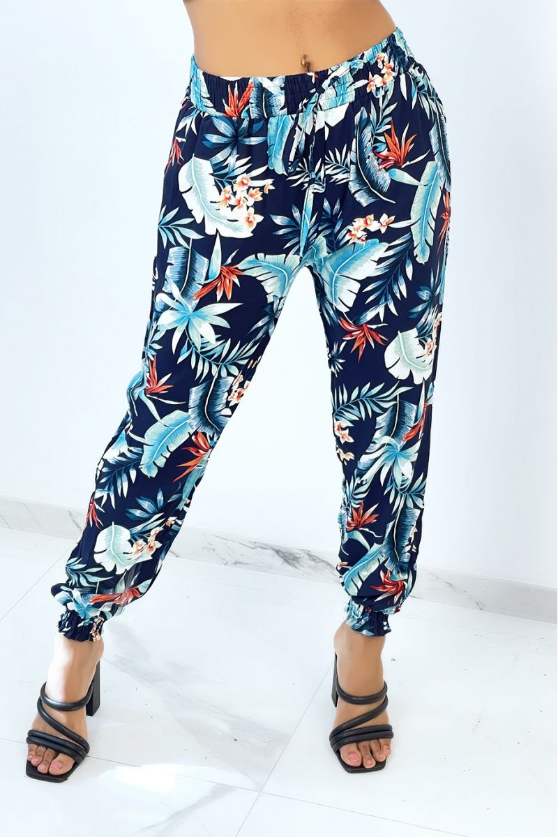 Navy fluid cigarette pants with foliage and feather pattern - 1