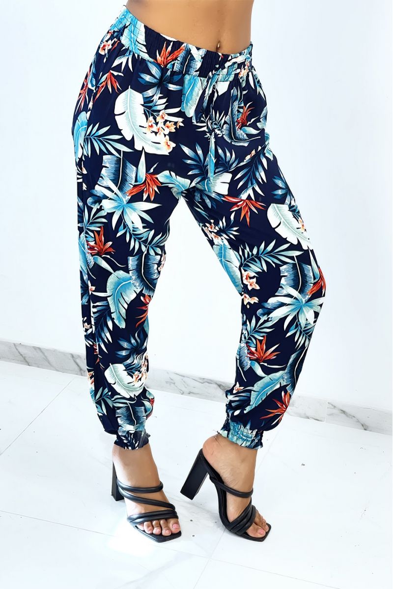 Navy fluid cigarette pants with foliage and feather pattern - 2