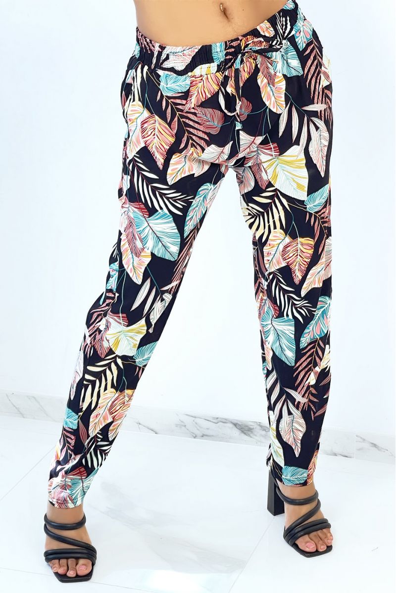 Straight-cut fluid black pants with multicolored feather print - 1