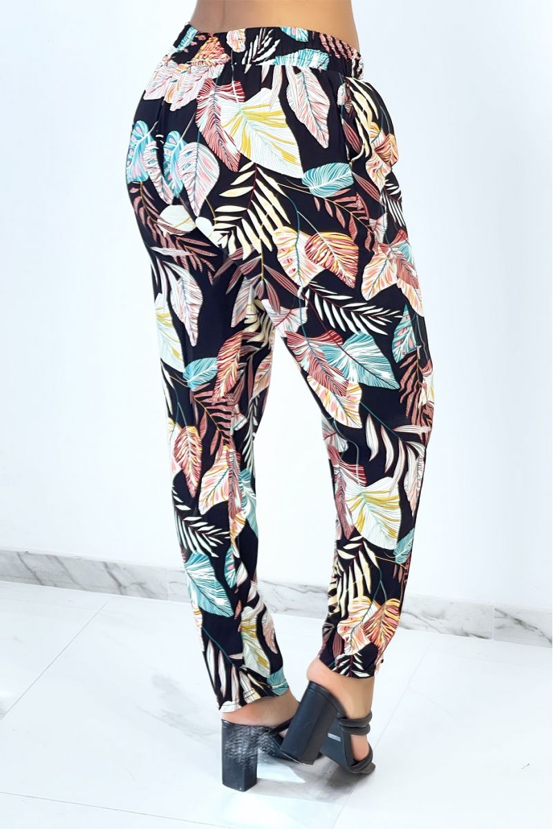 Straight-cut fluid black pants with multicolored feather print - 3