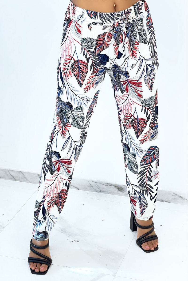 Flowing white straight-cut pants with multicolored feather print - 1
