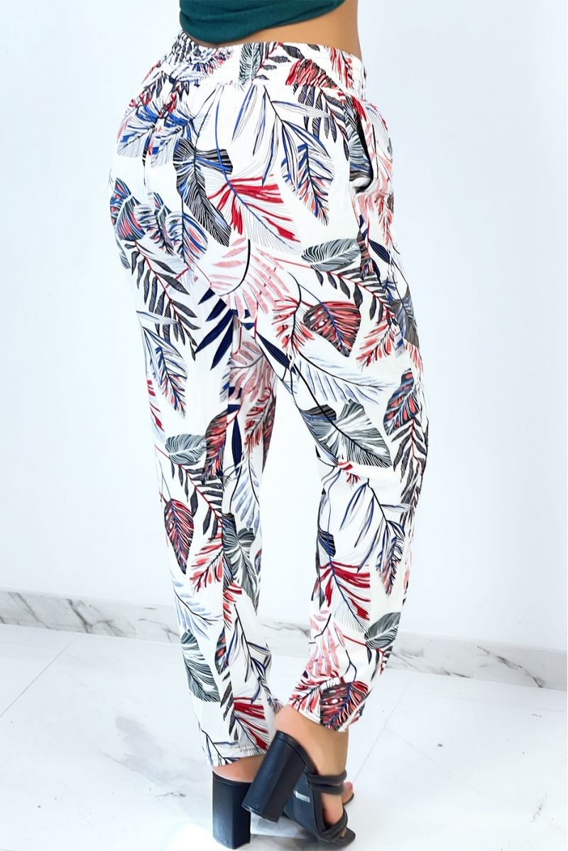 Flowing white straight-cut pants with multicolored feather print - 3