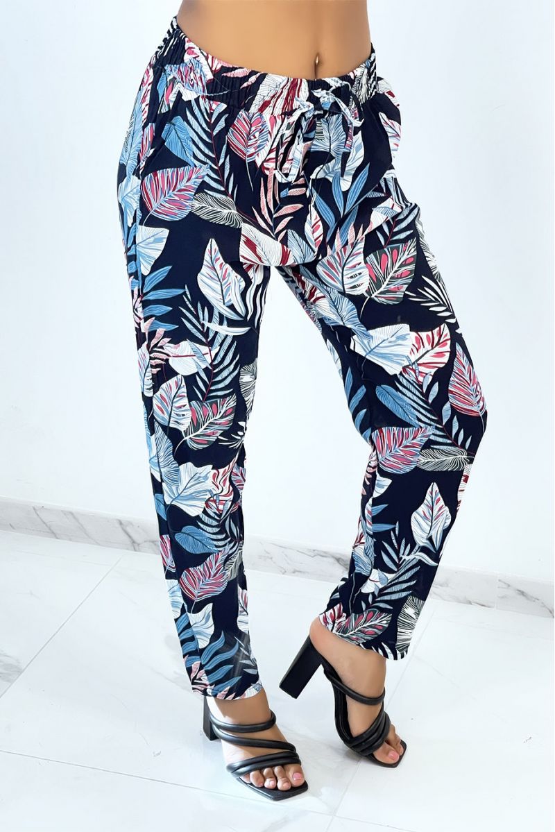 Straight-cut fluid navy pants with multicolored feather print - 2