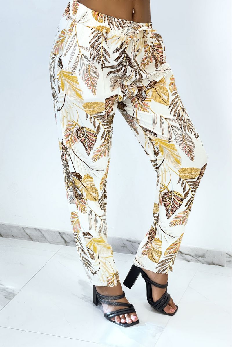 Fluid beige straight-cut pants with multicolored feather print - 2