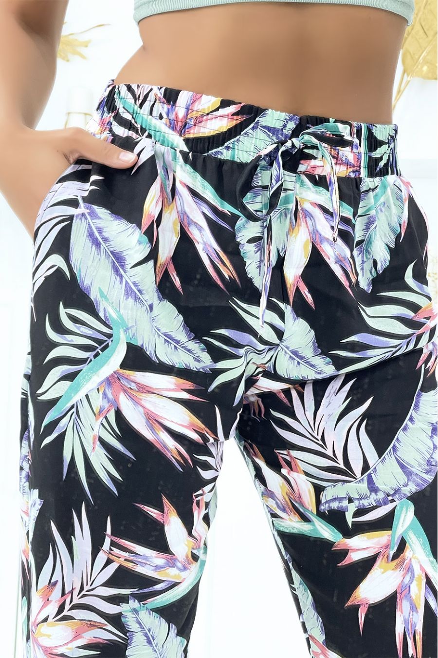 Pantalon à plumes vert d'eau fluide élastique à la taille et aux chevilles - 5