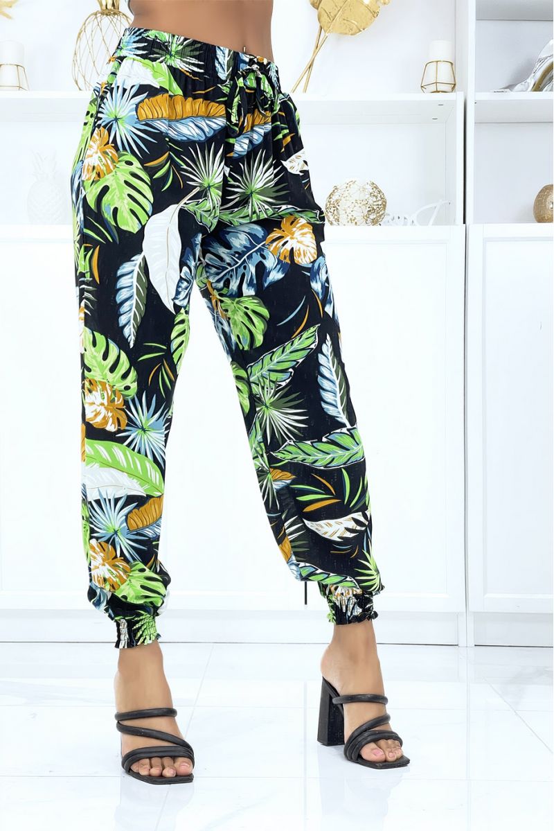 Fluid anise green feathered trousers with elastic waist and ankles - 2
