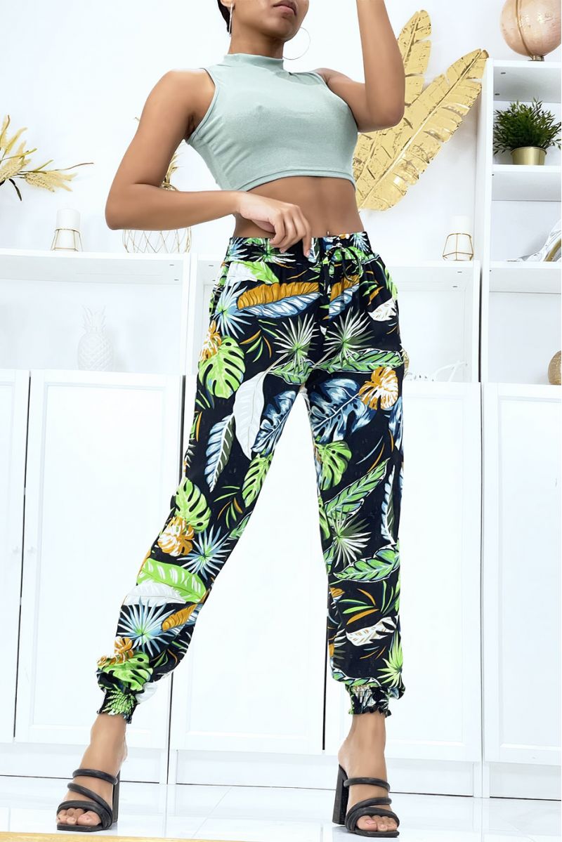 Fluid anise green feathered trousers with elastic waist and ankles - 3