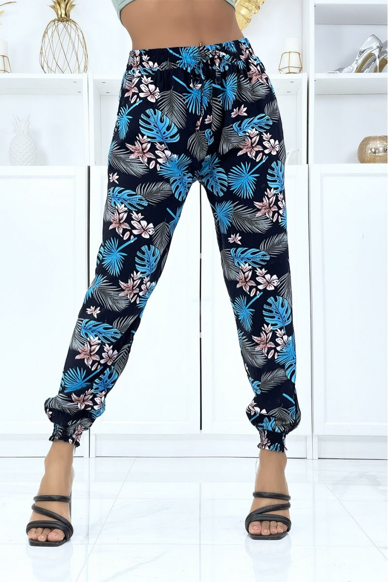 Fluid royal blue feathered trousers with elastic waist and ankles - 1