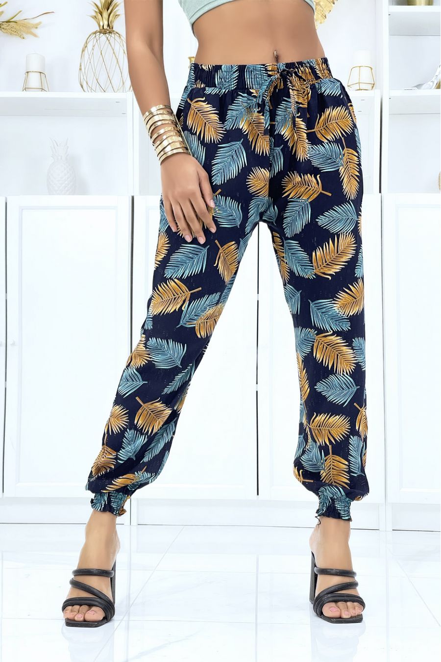 Marineblauwe soepelvallende gebladerte broek met elastische taille en enkels - 1