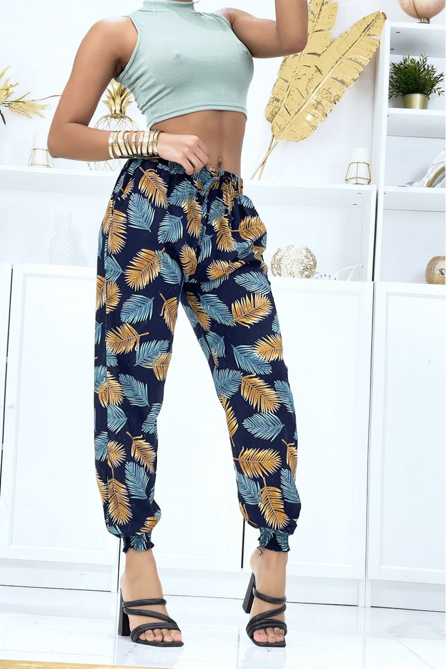 Navy fluid foliage trousers with elastic waist and ankles - 2