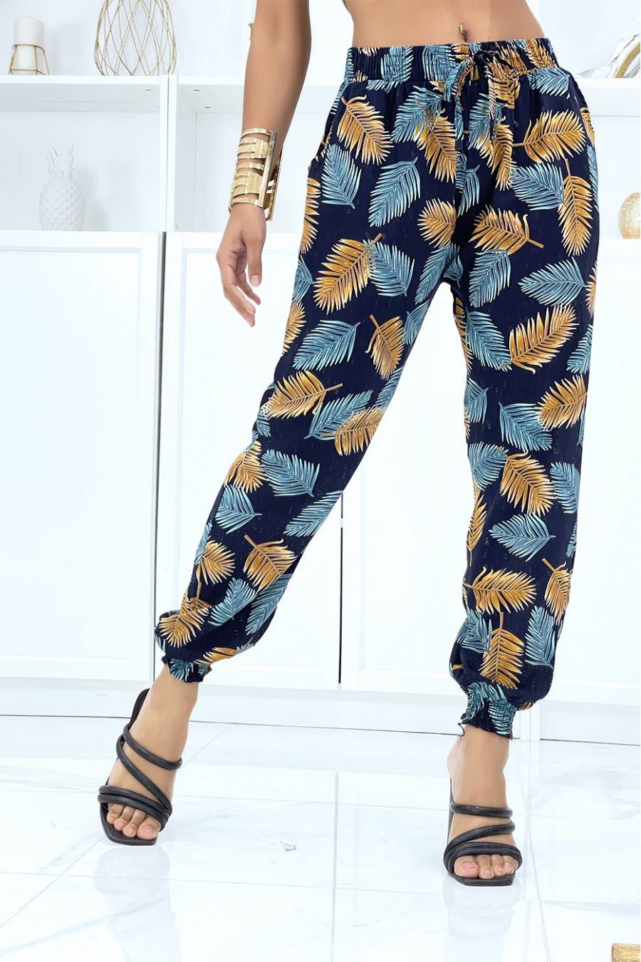 Navy fluid foliage trousers with elastic waist and ankles - 3