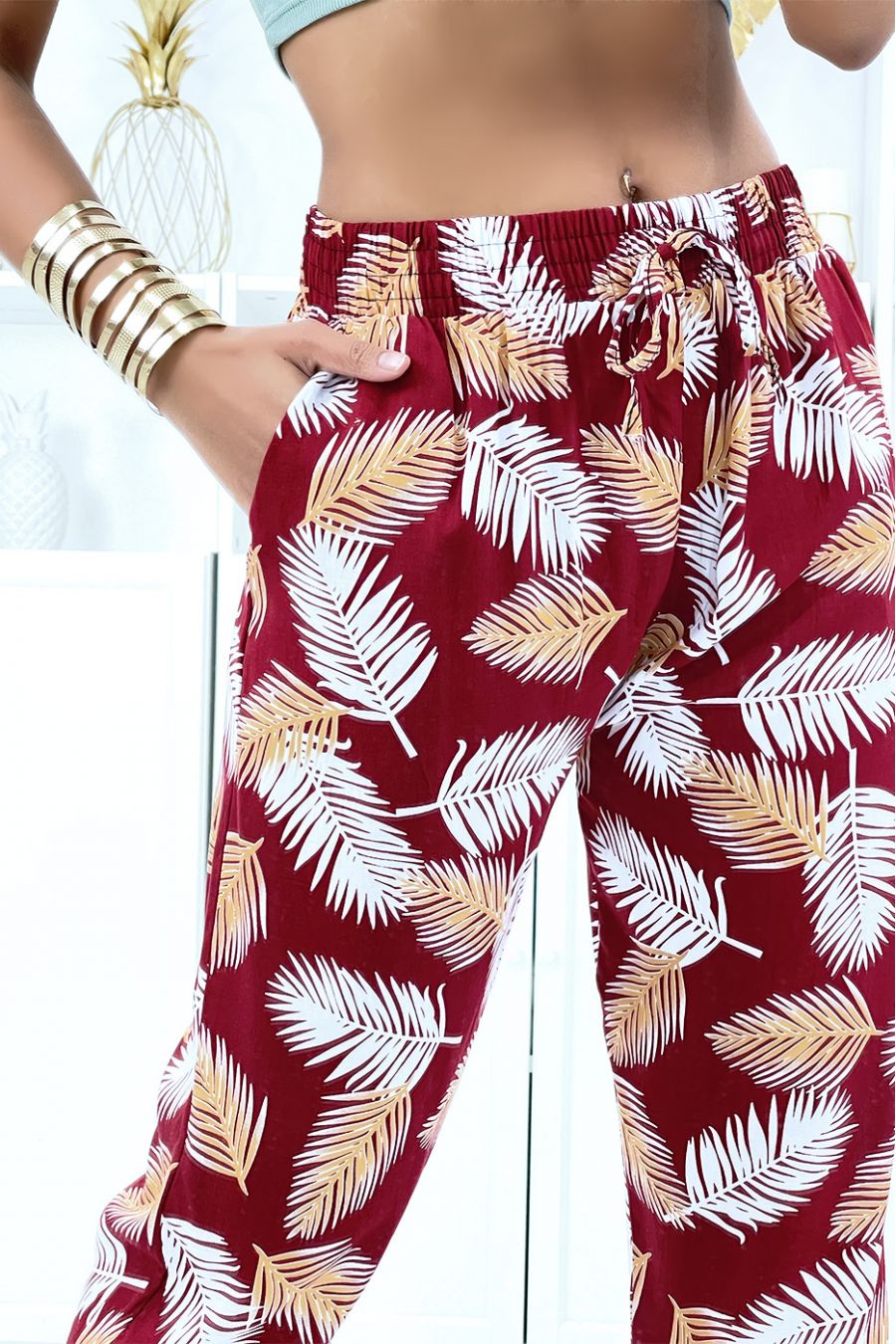 Fluid burgundy foliage trousers with elastic waist and ankles - 5