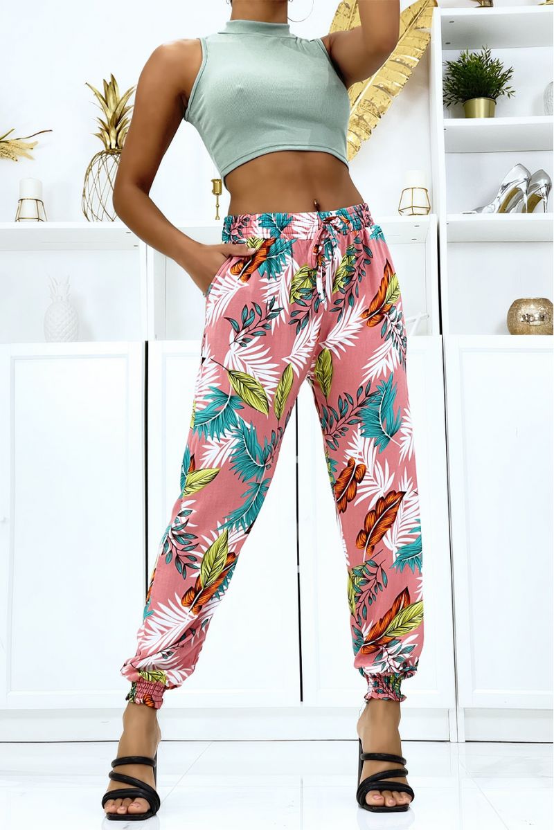 Fluid pink foliage pants with elastic waist and ankles - 1