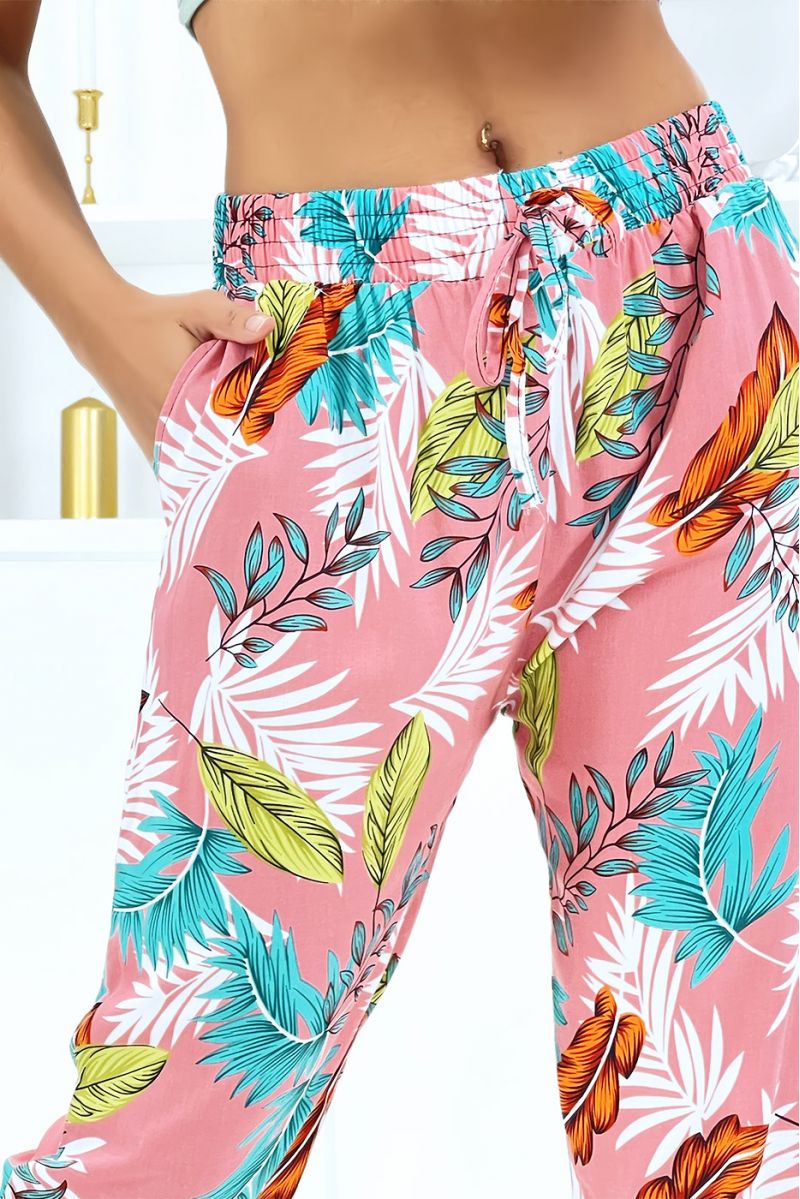Fluid pink foliage pants with elastic waist and ankles - 3