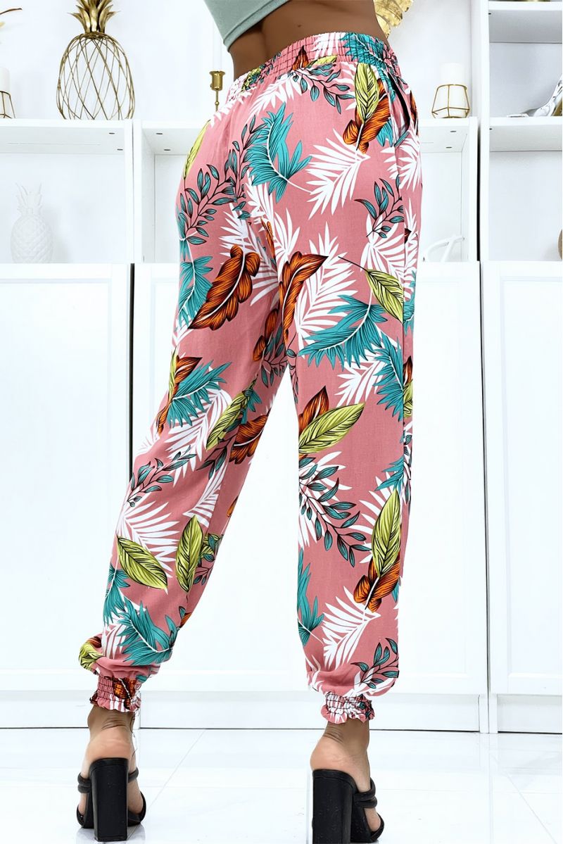 Fluid pink foliage pants with elastic waist and ankles - 4