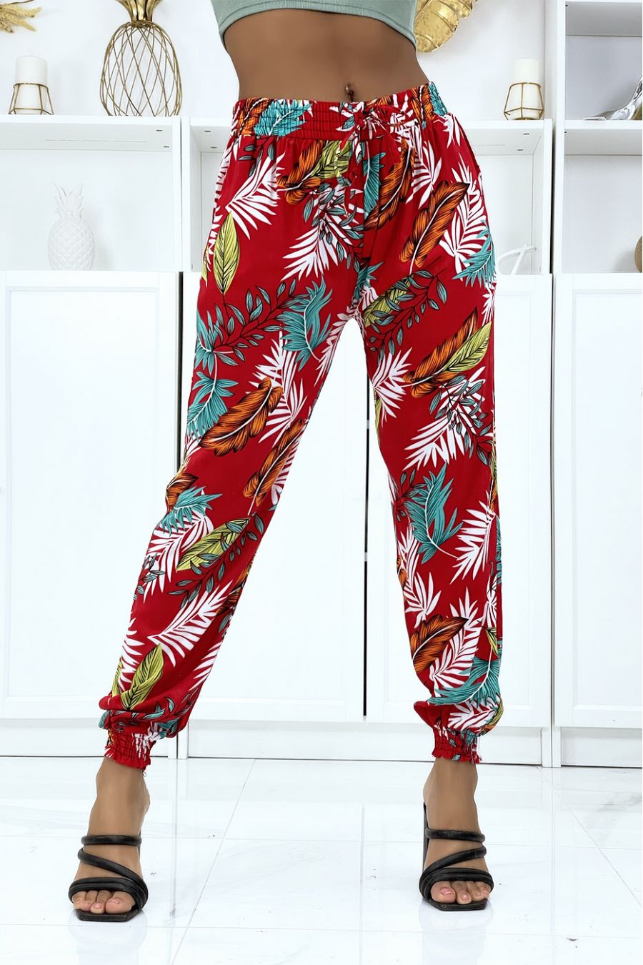 Pantalon feuillage rouge fluide élastique à la taille et aux chevilles 