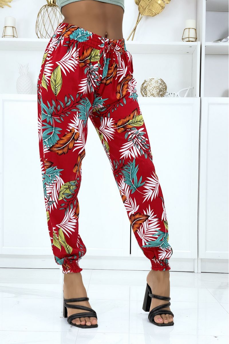 Fluid red foliage trousers with elastic waist and ankles - 2