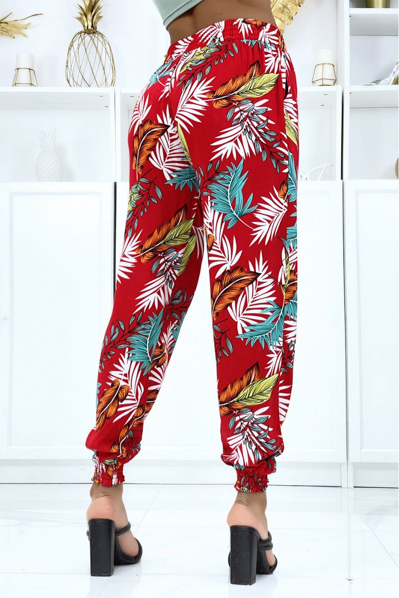 Fluid red foliage trousers with elastic waist and ankles - 3