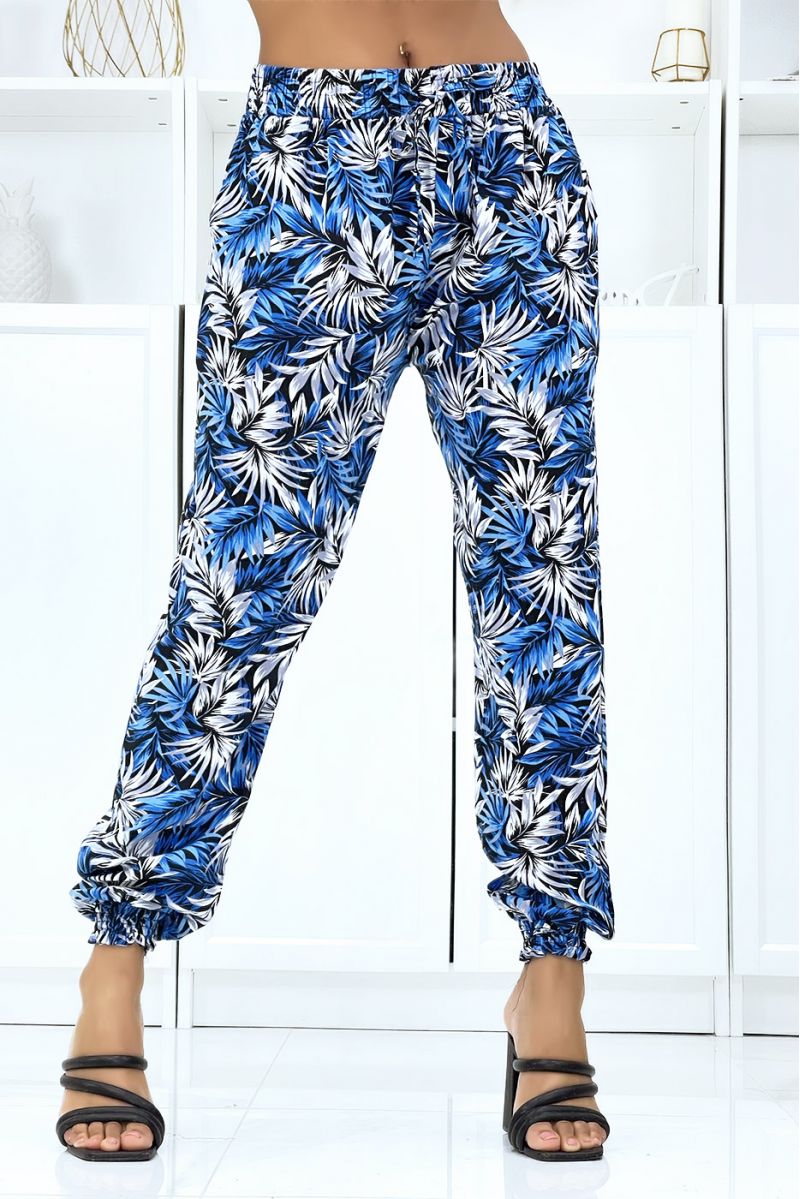 Fluid royal foliage trousers with elastic waist and ankles - 1
