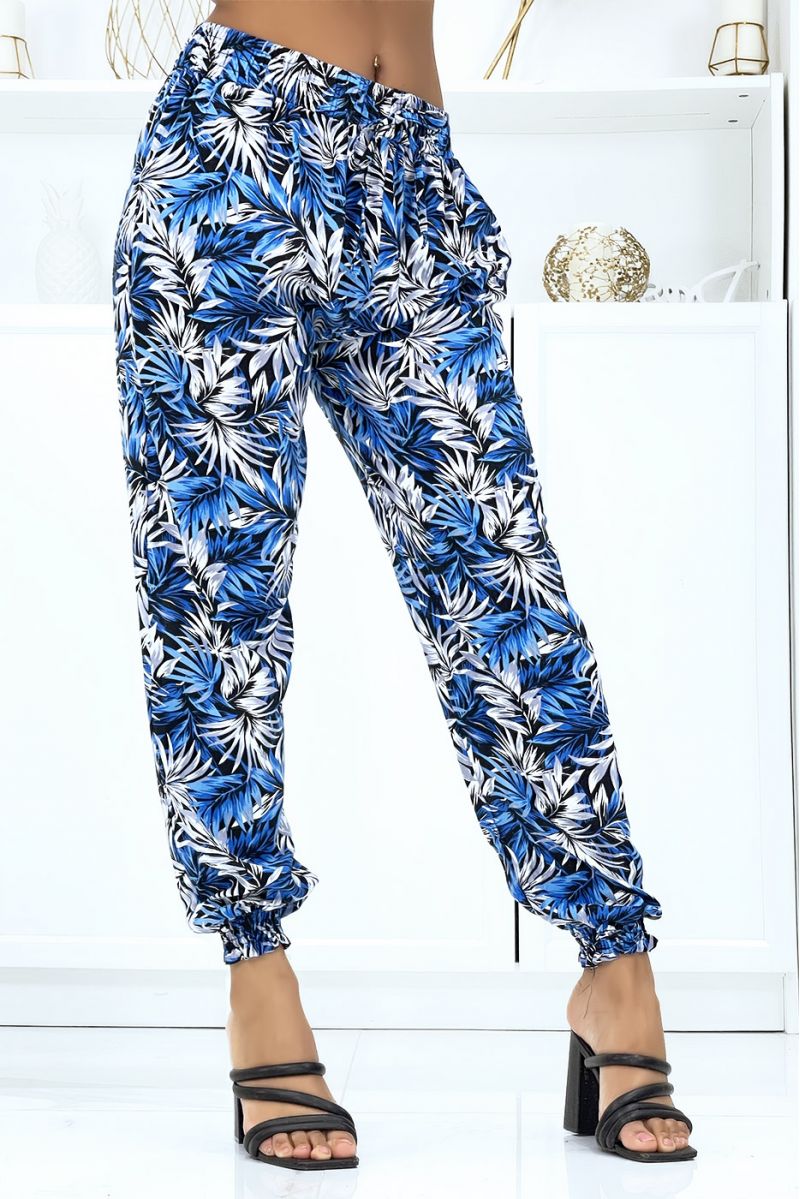 Fluid royal foliage trousers with elastic waist and ankles - 2