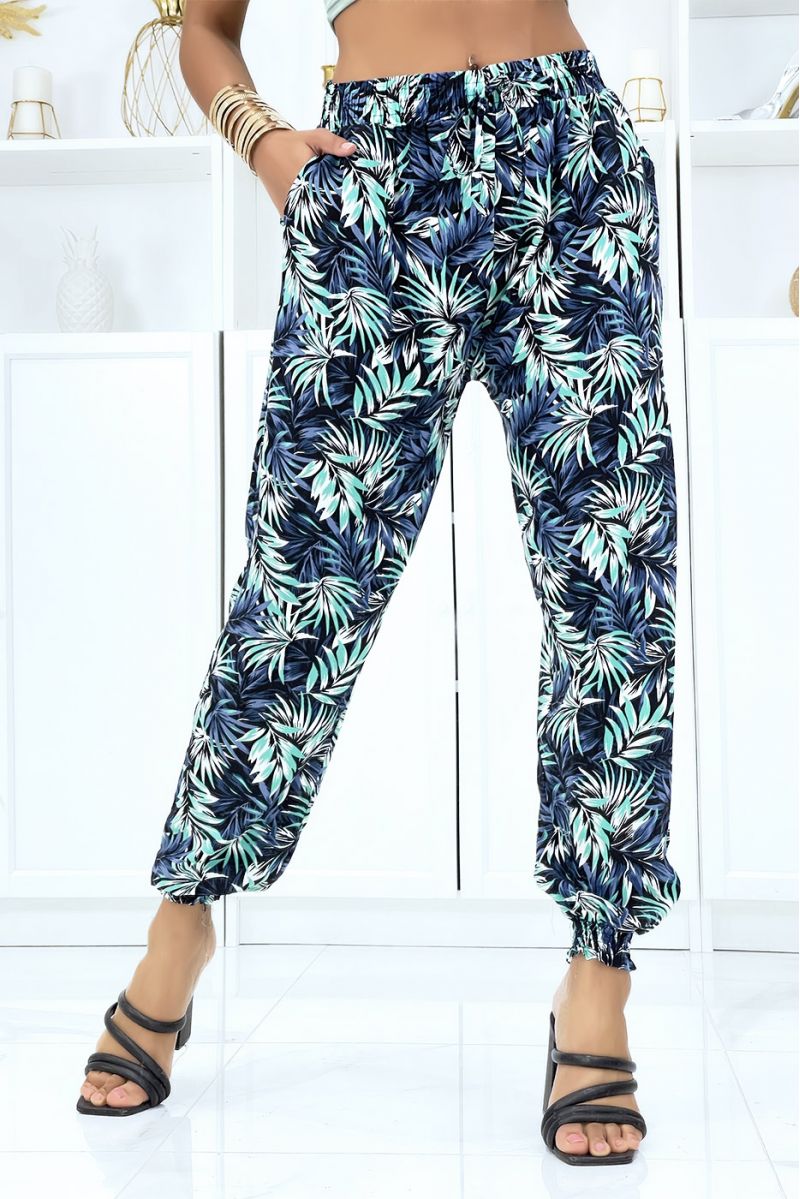 Fluid green foliage trousers with elastic waist and ankles - 2
