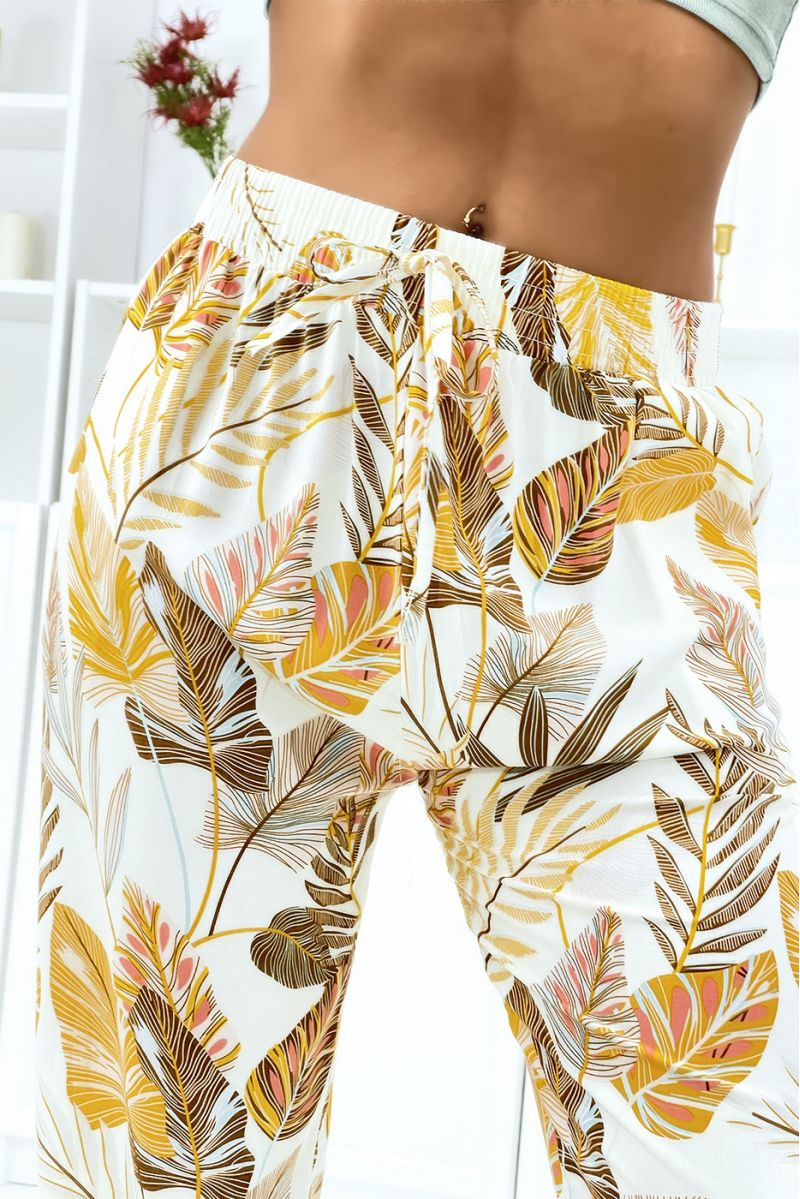 Fluid beige foliage trousers with elastic waist and ankles - 4