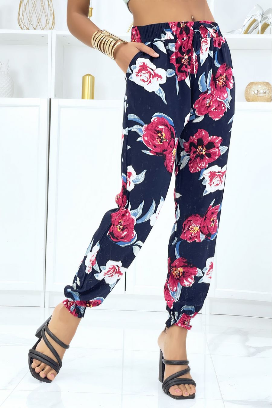 Marineblauwe broek met soepele elastische taille en enkels - 2