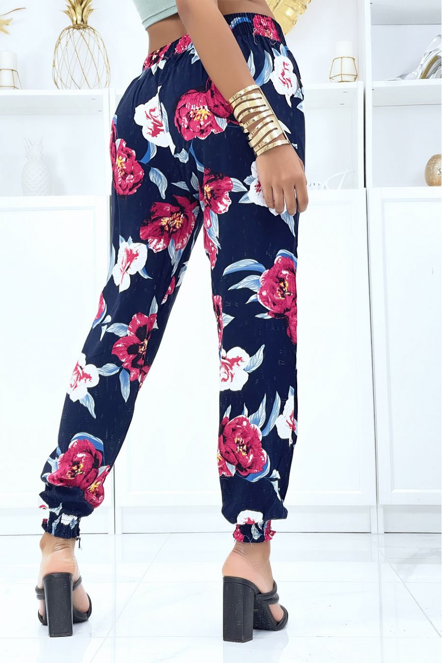 Marineblauwe broek met soepele elastische taille en enkels - 3