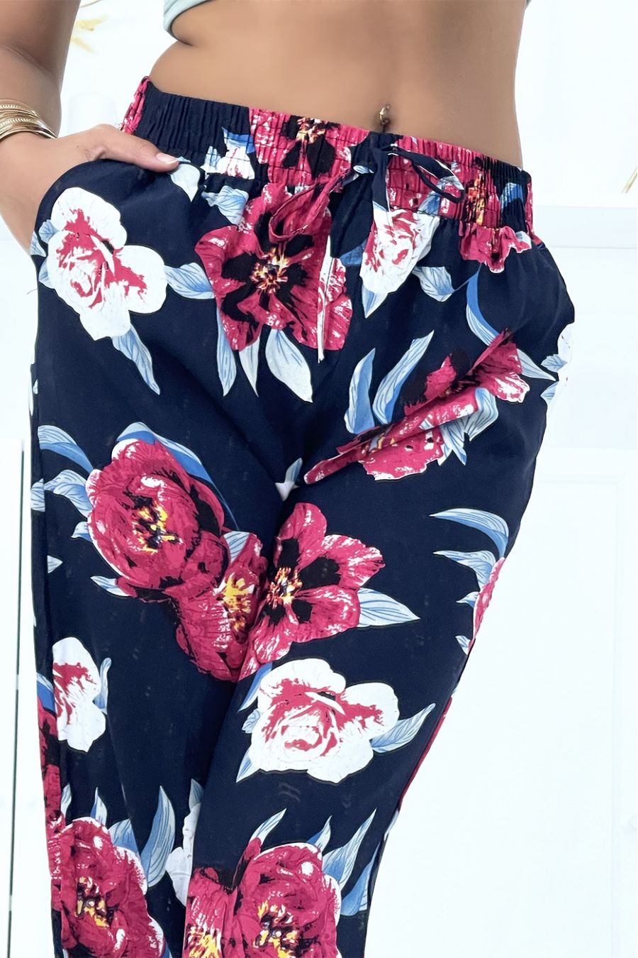 Marineblauwe broek met soepele elastische taille en enkels - 4