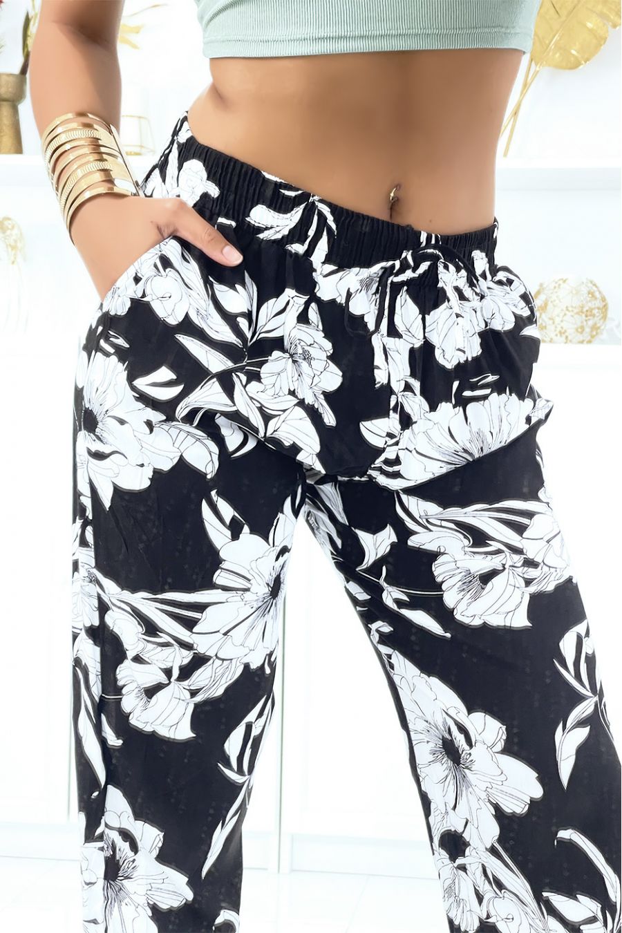 Navy pants with fluid elastic waist and ankles - 1
