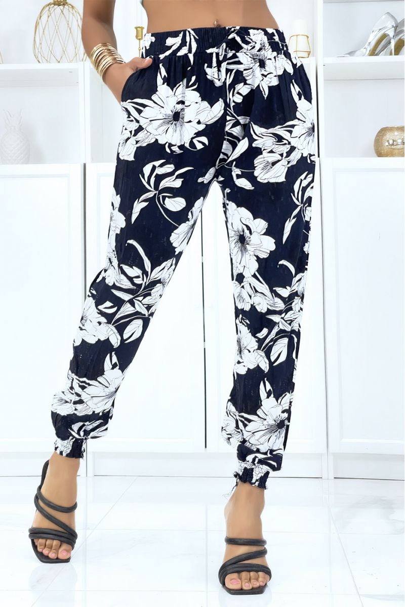 Navy pants with fluid elastic waist and ankles - 3