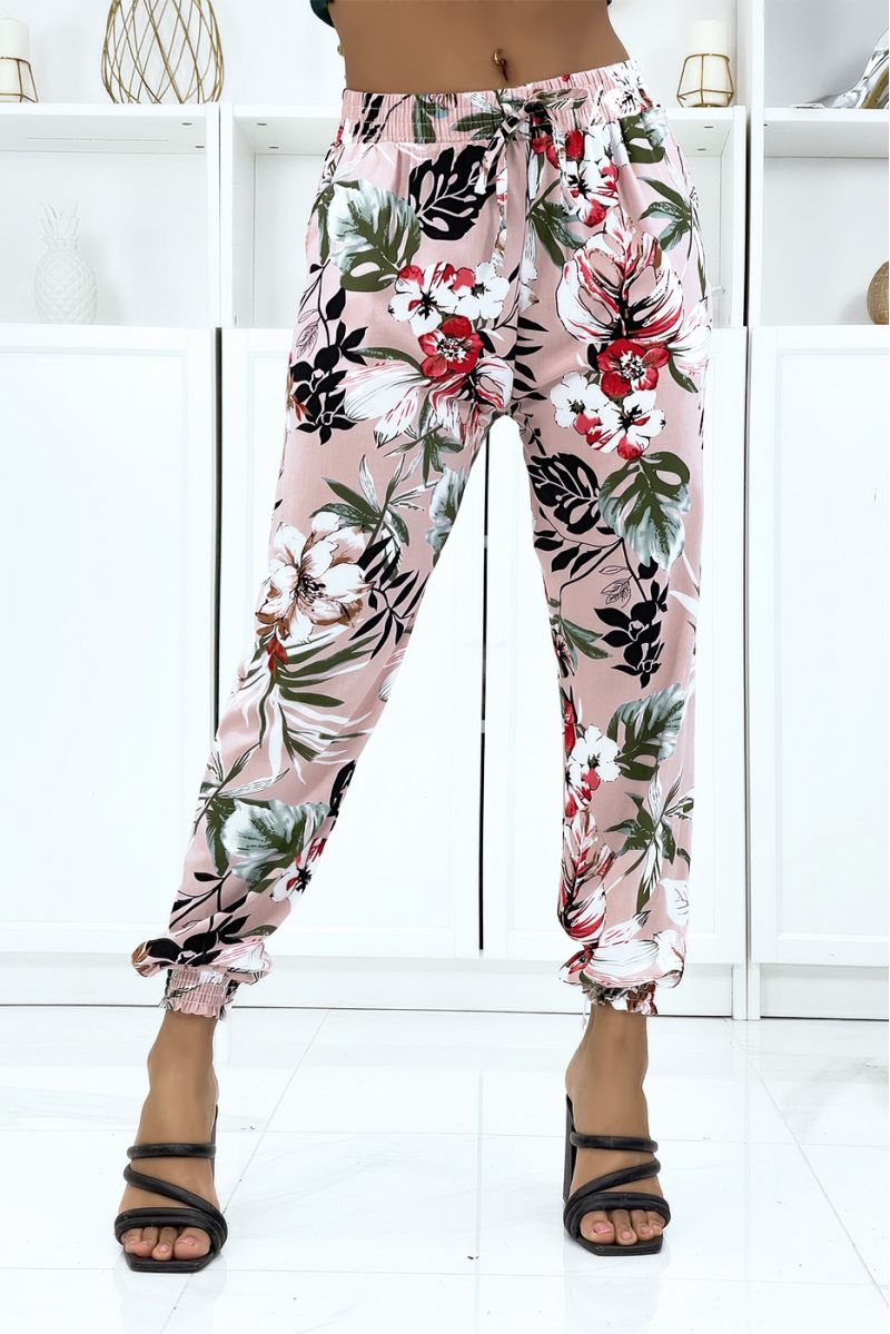 Pink floral pants, fluid elastic waist and ankles