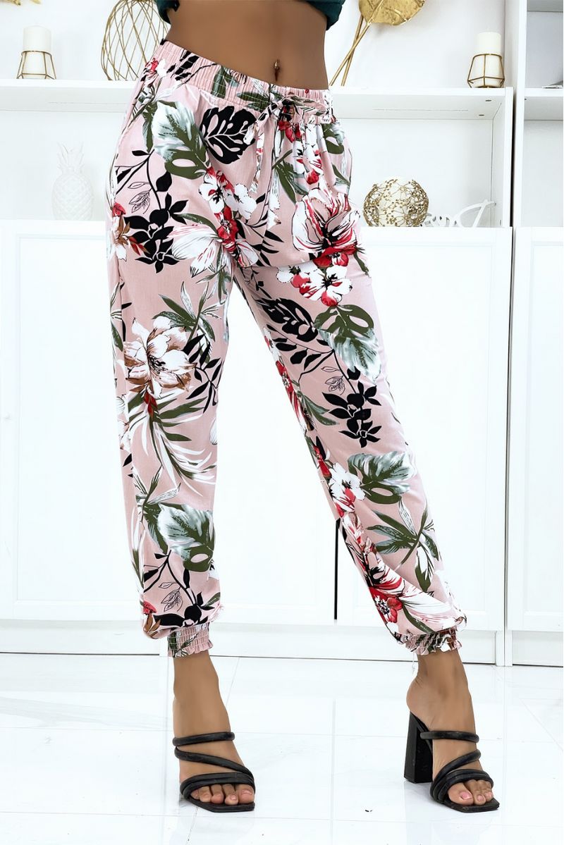 Pink floral pants, fluid elastic waist and ankles - 2
