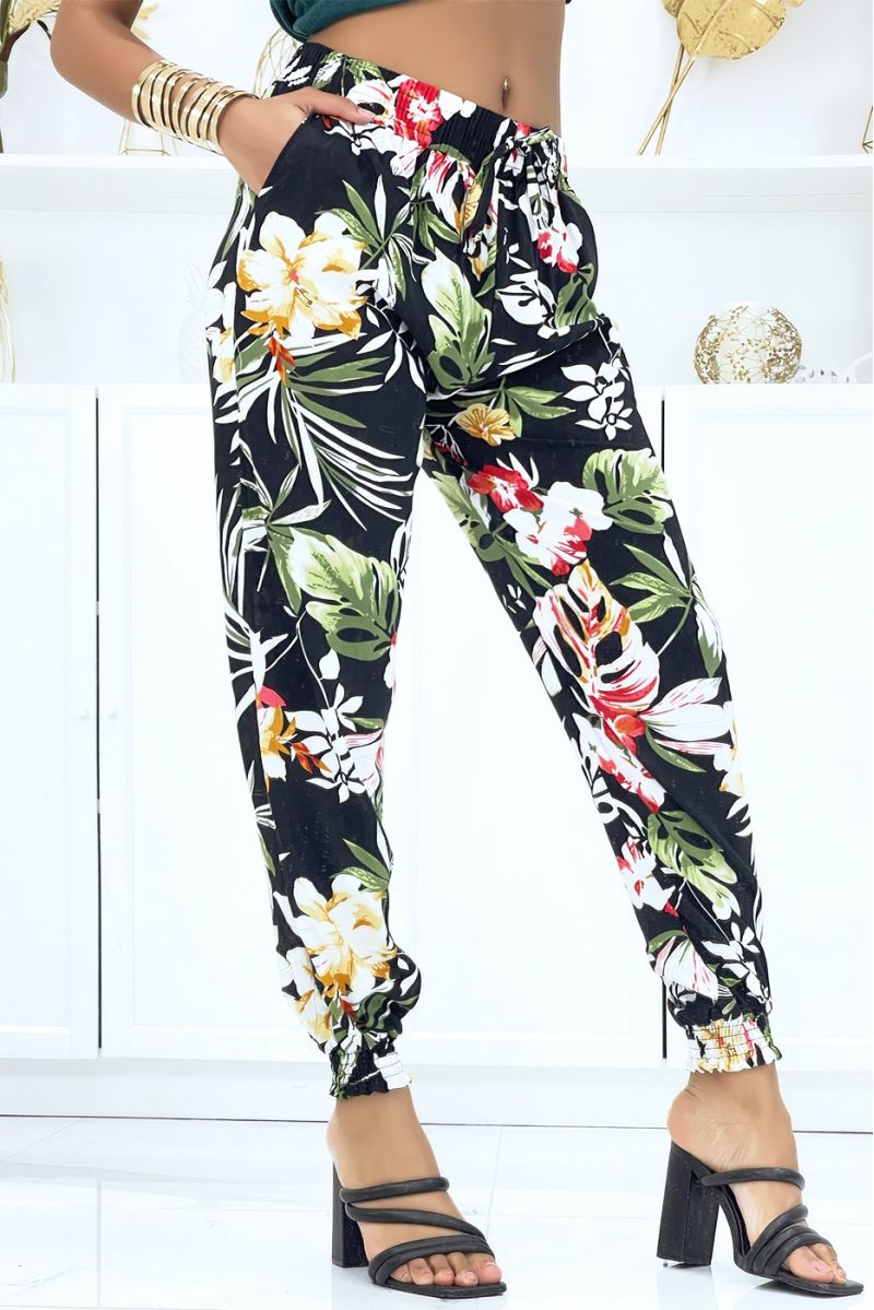 Zwarte broek met bloemenprint, soepele elastische taille en enkels - 3