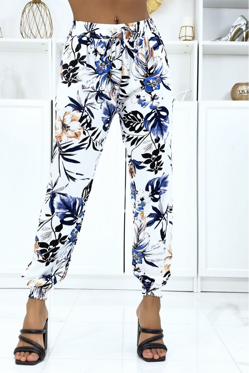 White floral pants, fluid elastic waist and ankles - 1 White floral pants, fluid elastic waist and ankles - 1