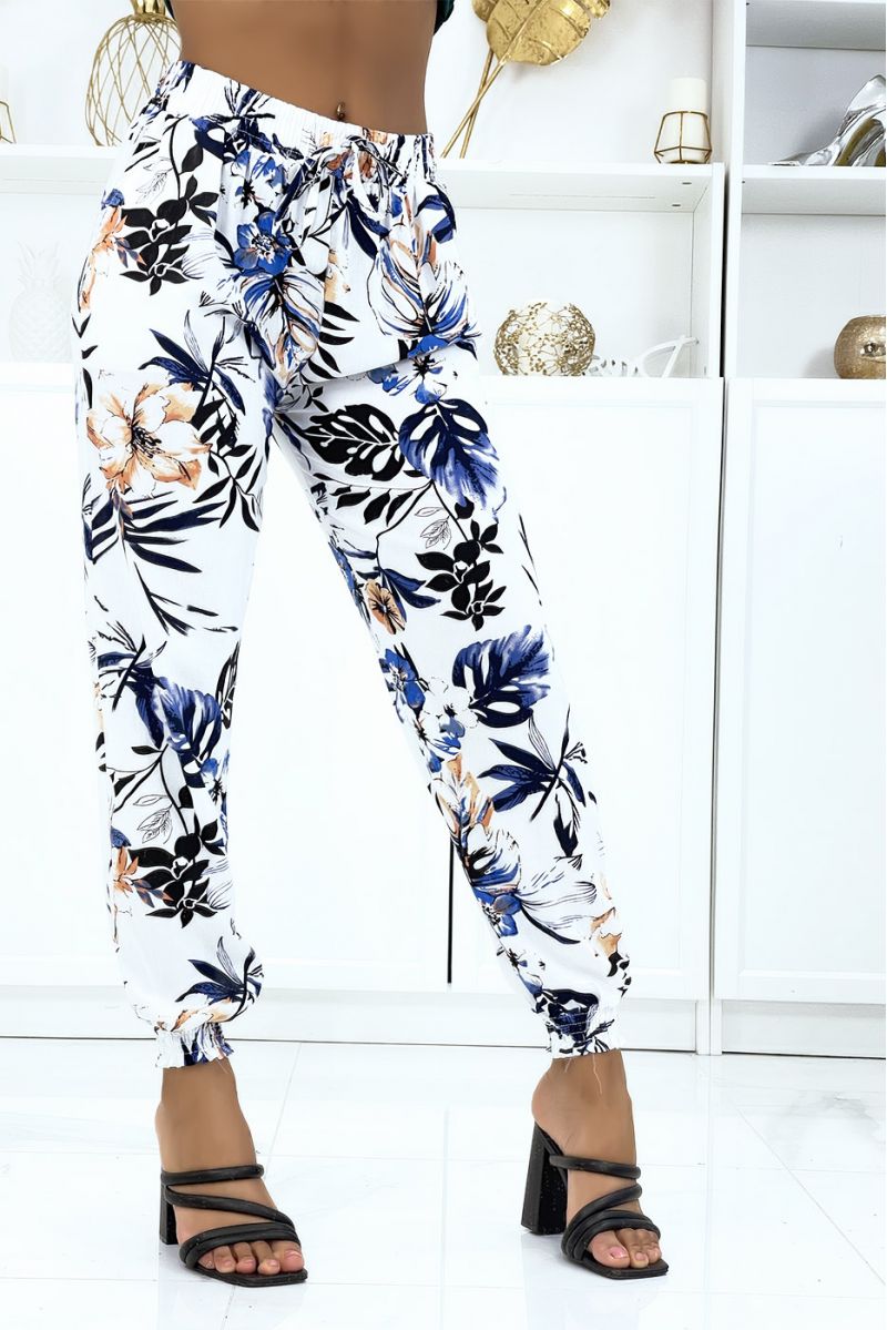 Pantalon blanc à fleurs, fluide élastique à la taille et aux chevilles - 2 Pantalon blanc à fleurs, fluide élastique à la taille et aux chevilles - 2