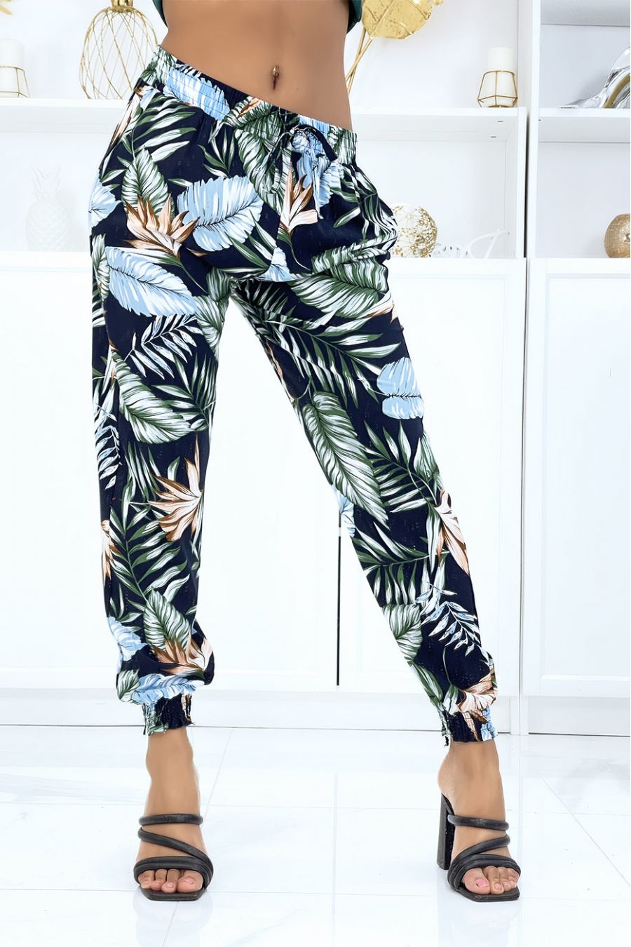 Navy foliage trousers, fluid elastic waist and ankles - 2