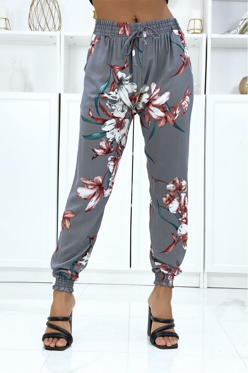 Pantalon gris à fleurs, fluide élastique à la taille et aux chevilles  - 1