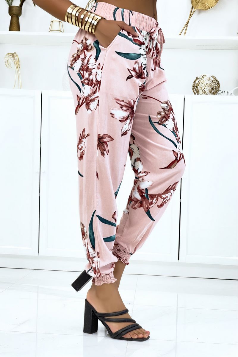 Pink floral pants, fluid elastic waist and ankles - 3