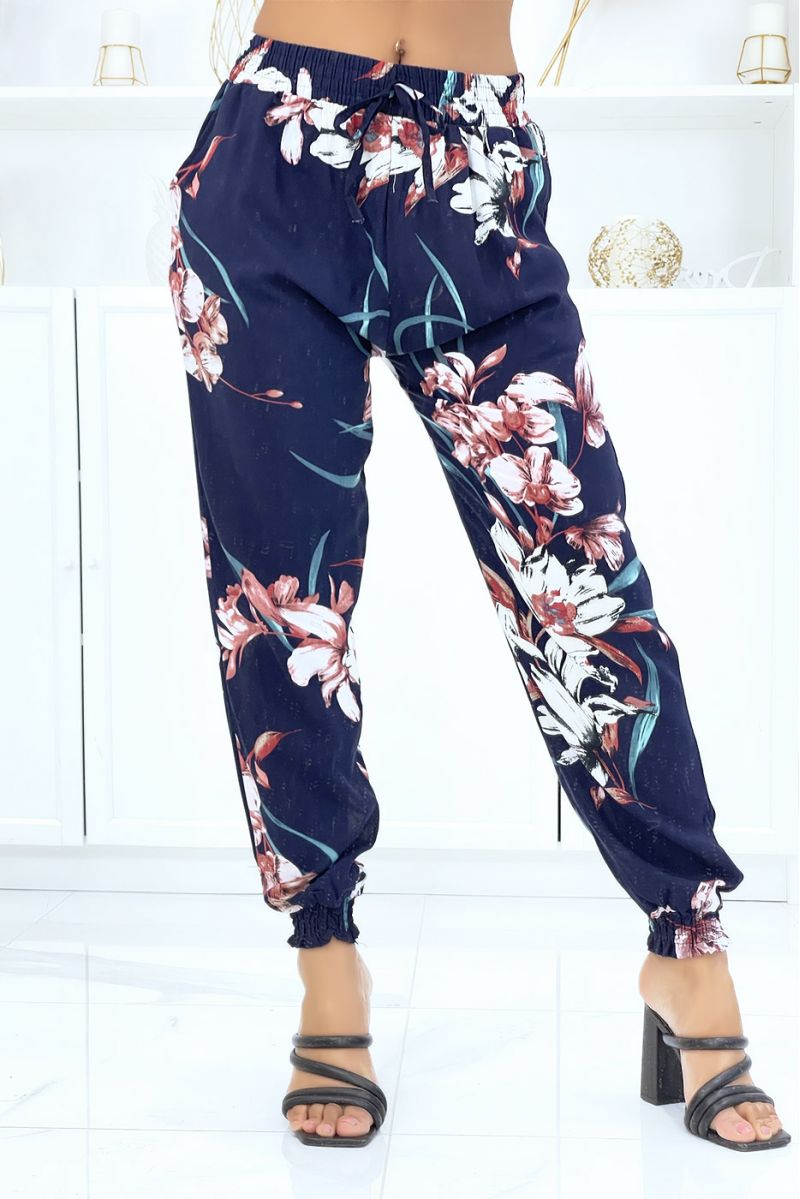 Navy pants with flowers, fluid elastic waist and ankles - 2