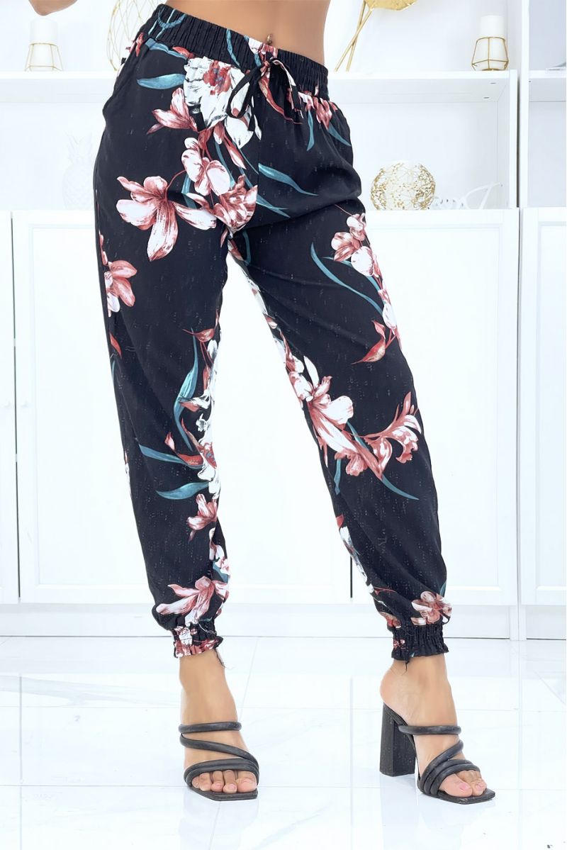 Black floral pants, fluid elastic waist and ankles - 2